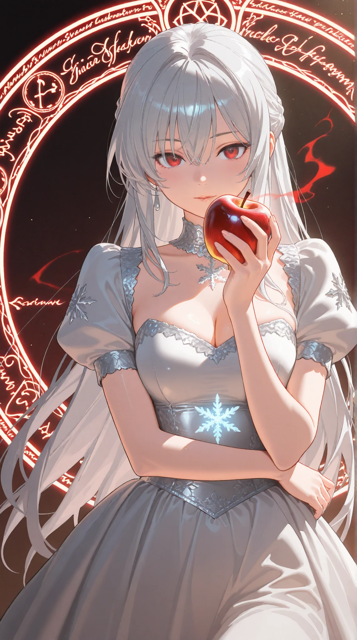 (Absurd Resolution:1.2), (ultra detailed:1.2), (masterpiece:1.2), (Photorealistic), (top-quality), BREAK (cute 1girl), (teenager), (finely detailed beautiful face:1.2), (ultra-fine-Purple-cute-eyes:1.2), (Expression ultra detailed Glitter Pupil), (ultra detailed Expression eyelashes), BREAK (ultra-detailed-bob-cut-white-hair, parted bangs), (beautiful Glossy lips), (Barrette Ribbon), BREAK (slim body and gigantic breasts:1.3), narrow waist, leggy, curvy is body without muscles, BREAK (glossy realistic pale skin texture:1.2), (4 defined fingers), (1 defined thumb), Beautiful Smile, BREAK ultra detailed black corset dress, skirt, Garter stockings, opera gloves, BREAK Seductive pose, (Crisp focus:1.2), (full body shot, anime-key-visual), professional lighting, BREAK (I have a red apple in my hand), rainbow color magic circle, Magic light particles,
