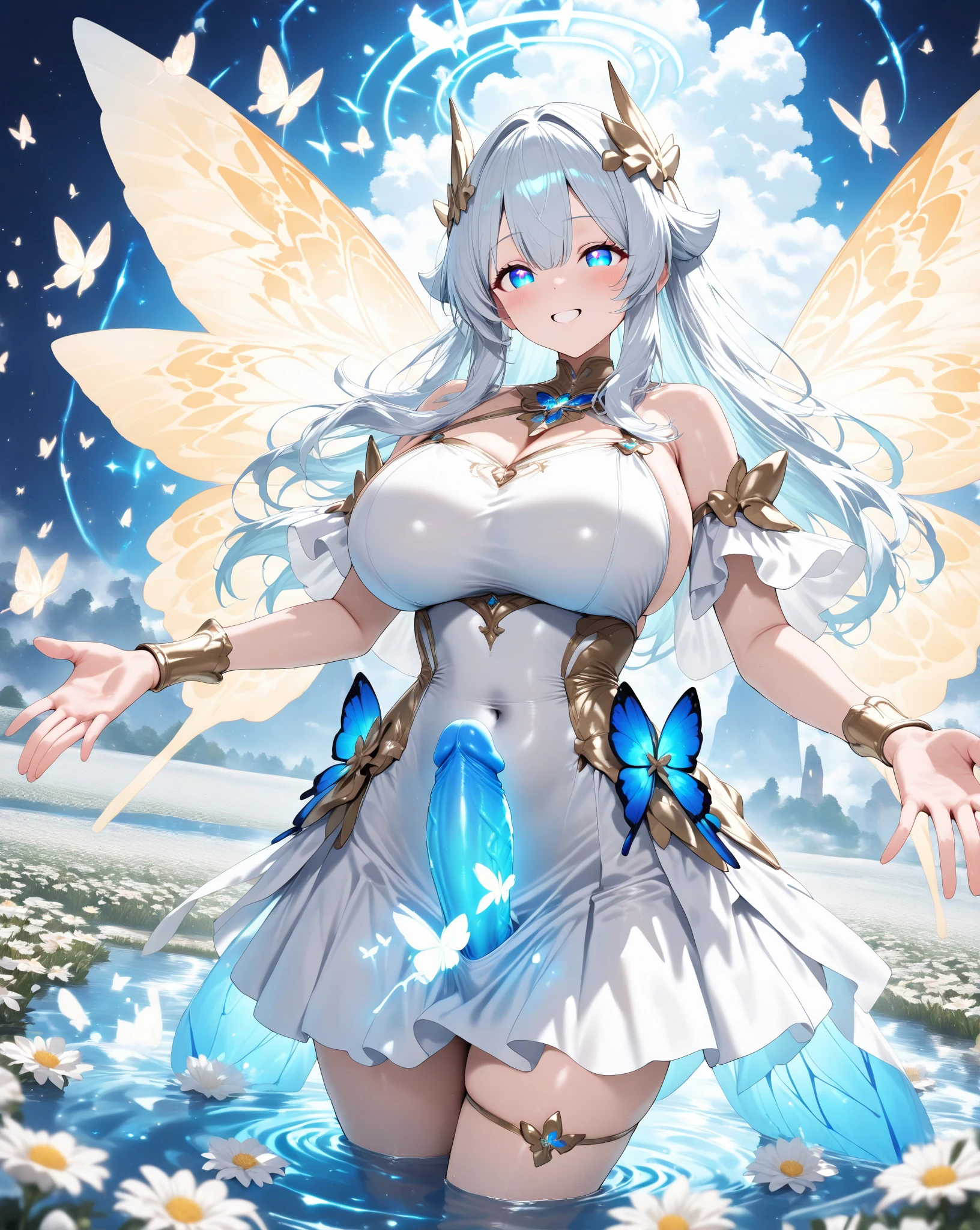 a captivating woman with large, intricate wings resembling those of a delicate butterfly, her eyes sparkling with an otherworldly allure as she gracefully hovers in the air, surrounded by a mesmerizing aura of light and color.