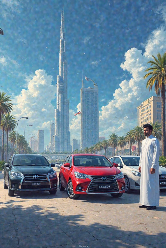 Handsome man without mustache wearing a gray aesthetic polo and pantswith a rolex watch with their black Lamborghini and flying motor in Dubai with his beautiful Muslim wife wearing sky-blue dress and twin children with their $1 000 000 000 Mansion in the background