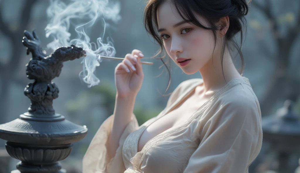 A man is making a Chinese young woman in a Chinese dress smoke drug with an opium pipe. The man holds the opium pipe in his hand, He makes the opium pipe put on her mouth to force her to smoke the drug. The young woman is really high, completely drugged up. (The young woman is really high, completely drugged) ((The young woman is really high, completely drugged up)) The young girl is addicted to drugs and she cannot stop smoking the drug. She can’t walk, stand or settle due to the drug effect,, and she leaned against the man. The skin is translucent white and Her breasts are about a C cup. The man is about to rape her. The room is full of smoke