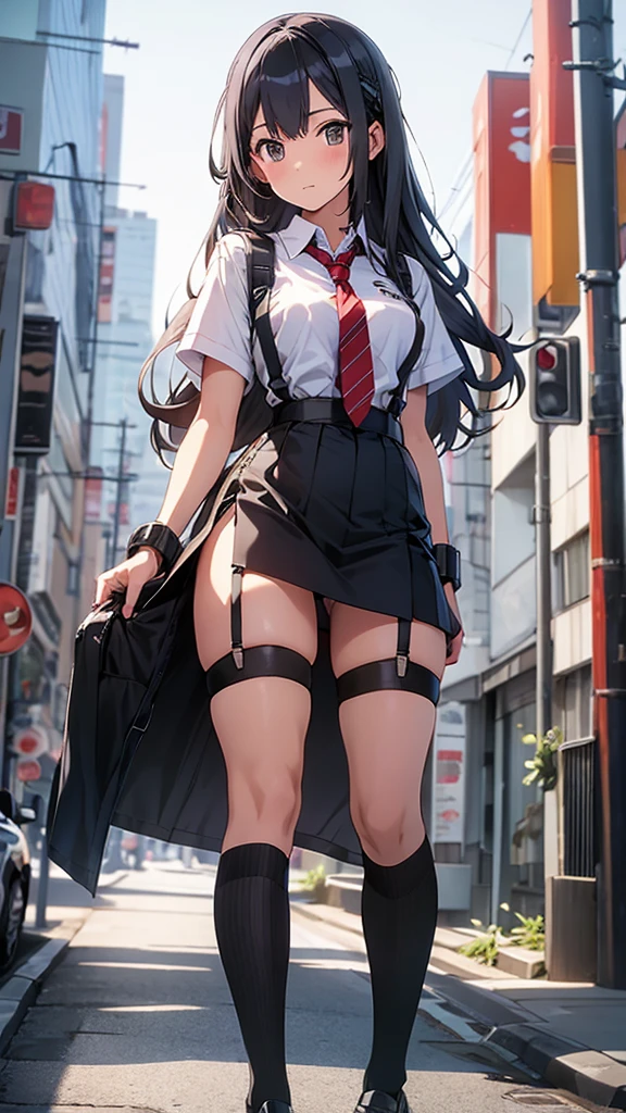 brown hair、 sling Large bulging black miniskirt garter belt knee socks gaze Small face Bangs beauty Raise your hand gaze black boots provocation Sweating under the arms one person Put your hands behind your back Cut the shirt panty shot