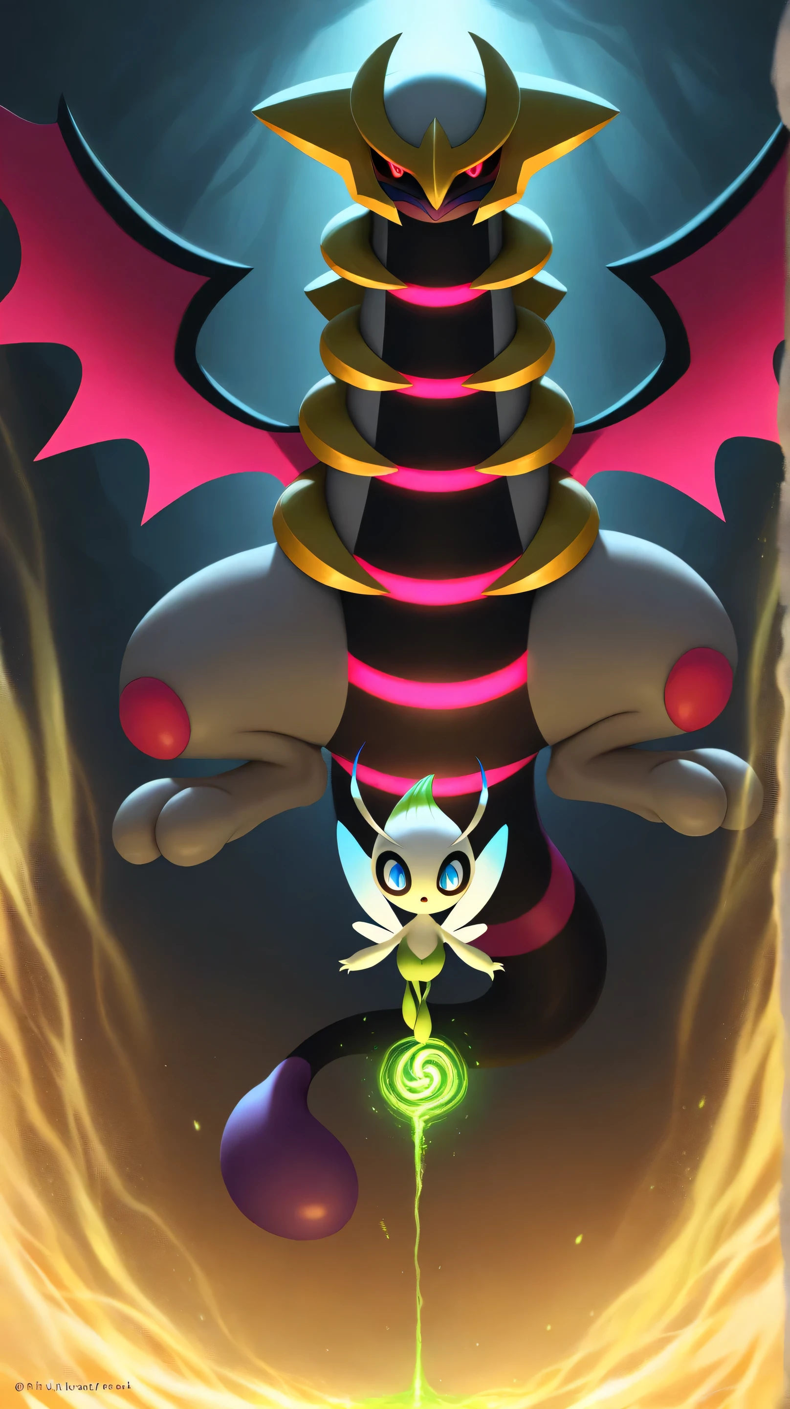 A visually stunning, ultra-realistic anime-style illustration capturing the excitement and wonder of the Pokémon world. The image is highly detailed, blending multiple iconic scenarios into a seamless composition, each element carefully crafted to bring a sense of adventure, nostalgia, and cinematic intensity. Beyond the Pokémon Center, deep in the mist-covered mountains, an ancient ruin covered in glowing symbols is partially visible. A portal-like energy swirl hovers above it, suggesting a legendary event is about to unfold. Celebi, the Time-Travel Pokémon, flickers between dimensions, leaving behind a trail of golden-green energy. The glowing eyes of a shadowy figure—possibly Mewtwo or Giratina—watch from the darkness, hinting at an untold secret waiting to be uncovered.