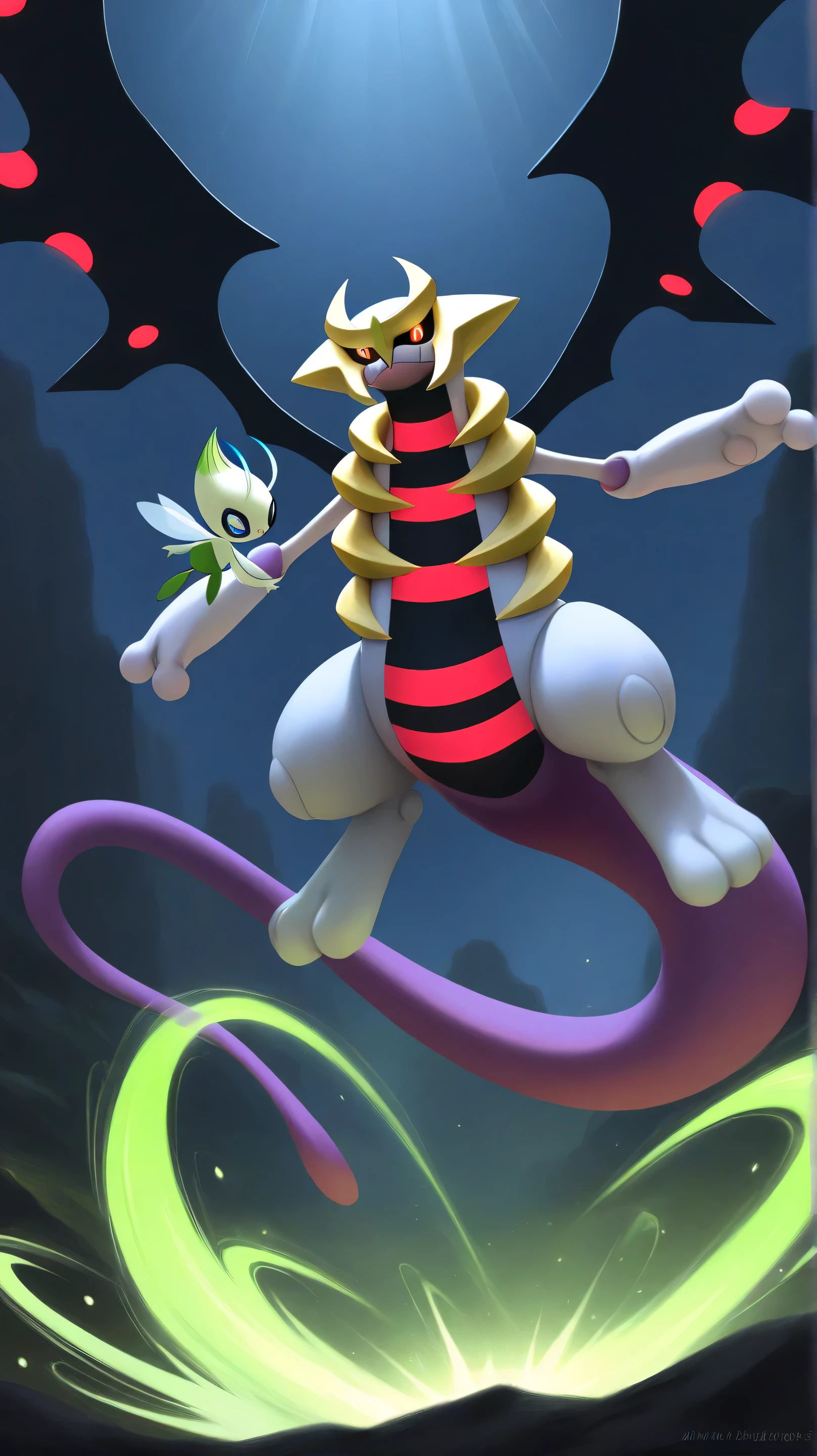 A visually stunning, ultra-realistic anime-style illustration capturing the excitement and wonder of the Pokémon world. The image is highly detailed, blending multiple iconic scenarios into a seamless composition, each element carefully crafted to bring a sense of adventure, nostalgia, and cinematic intensity. Beyond the Pokémon Center, deep in the mist-covered mountains, an ancient ruin covered in glowing symbols is partially visible. A portal-like energy swirl hovers above it, suggesting a legendary event is about to unfold. Celebi, the Time-Travel Pokémon, flickers between dimensions, leaving behind a trail of golden-green energy. The glowing eyes of a shadowy figure—possibly Mewtwo or Giratina—watch from the darkness, hinting at an untold secret waiting to be uncovered.