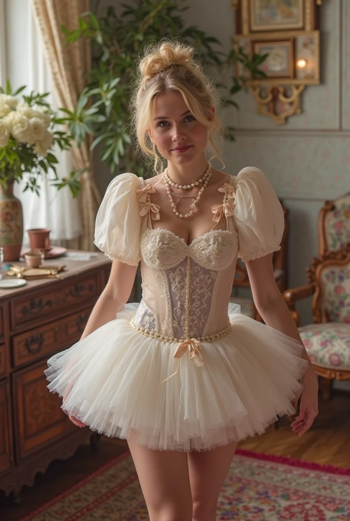In this scene, Evie stands mesmerized by a vintage 1920s-style carousel as the photographer captures her with an eye-level camera angle from slightly above her left shoulder, revealing the flowing white jumpsuit's silver embroidery and her luminous skin that glimmers under the fading sunlight; a gentle breeze carries the sweet scent of cotton candy, enchanting Evie as she poses with grace and elegance, reminiscent of a ballerina in motion. <lora:lrvxgs18f536767e0mb25:1>
