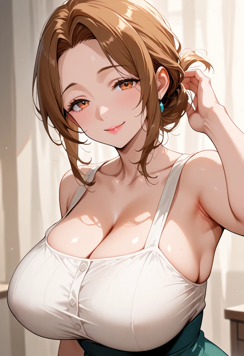 1girl, mature female, older, huge breasts, milf, motherly, wide hips, curvy, rosa (pokemon), collarbone, lips, score_9, score_8_up, score_7_up, score_6_up, source_anime, Accurate describe shapes, beautiful face, expressive eyes, looking at viewer, solo, close-up, sitting, sofa, indoors, scenery, dramatic lighting, seductive smile