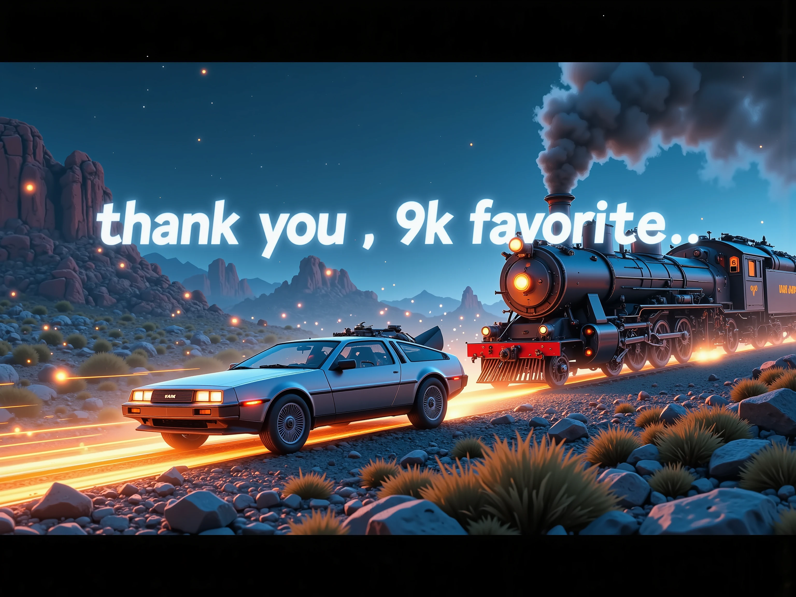 
(((article, "Thank you for 9K favorite ", Add text"Thank you 9K favorite", title logo font))) ,(Back to the Future,デロリアンが高速走行,時計塔