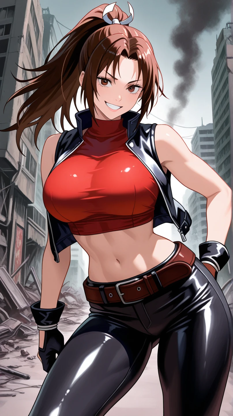 score_9, score_8_up, score_7_up, score_6_up, score_5_up, score_4_up, ((masterpiece, Highest quality:1.3)), Great quality, Beautiful details, Very detailed, Ultra-fine, 16K, Exquisite, Absurd, High resolution, Beautiful background, Detailed Background, Beautiful Eyes, Beautiful Skin, Anime Style, 1 Female, alone , (((Mamiya being Humiliated by having her clothes torn by the opposition she was facing))), Looking at the audience in a threatening pose, Gently flip your hair up, Looking at the audience:1.1, mamiya, Undershirt, blue eyes, Brown Hair, Long Hair, Tension, Sharp Eyes, anger, close-up of a woman wearing brown Leather clothing with shoulder pads, Muscular body detail, Leg Details, Fluttering Hair, Leather clothing, Leather long pants, Camel Toe, (Huge breasts:1.3), Cleavage, Browsing Caution, (Torn costume:1.4), (Humiliated:1.4), (Destroyed) (Multiple male hands:1.4), (Clothing:1.4), (A bunch of men:1.4), Sweaty:1.3, Female Characters, Muscular body, Biceps , Triceps, Forearm Muscles, Deltoids, trapezius muscle, Pectoralis major, Widest back, Upper rectus abdominis, Rectus Abdominis Lower, External oblique muscle, Thigh muscles, Gluteus Maximus, Women&#39;s clothing, warrior outfit, Detailed rusted armor, short muscular woman, Full body details, Skin texture details, Perfectly shaded body, Skin Details, Desolate wilderness, dust cloud:1.2, The wind is blowing