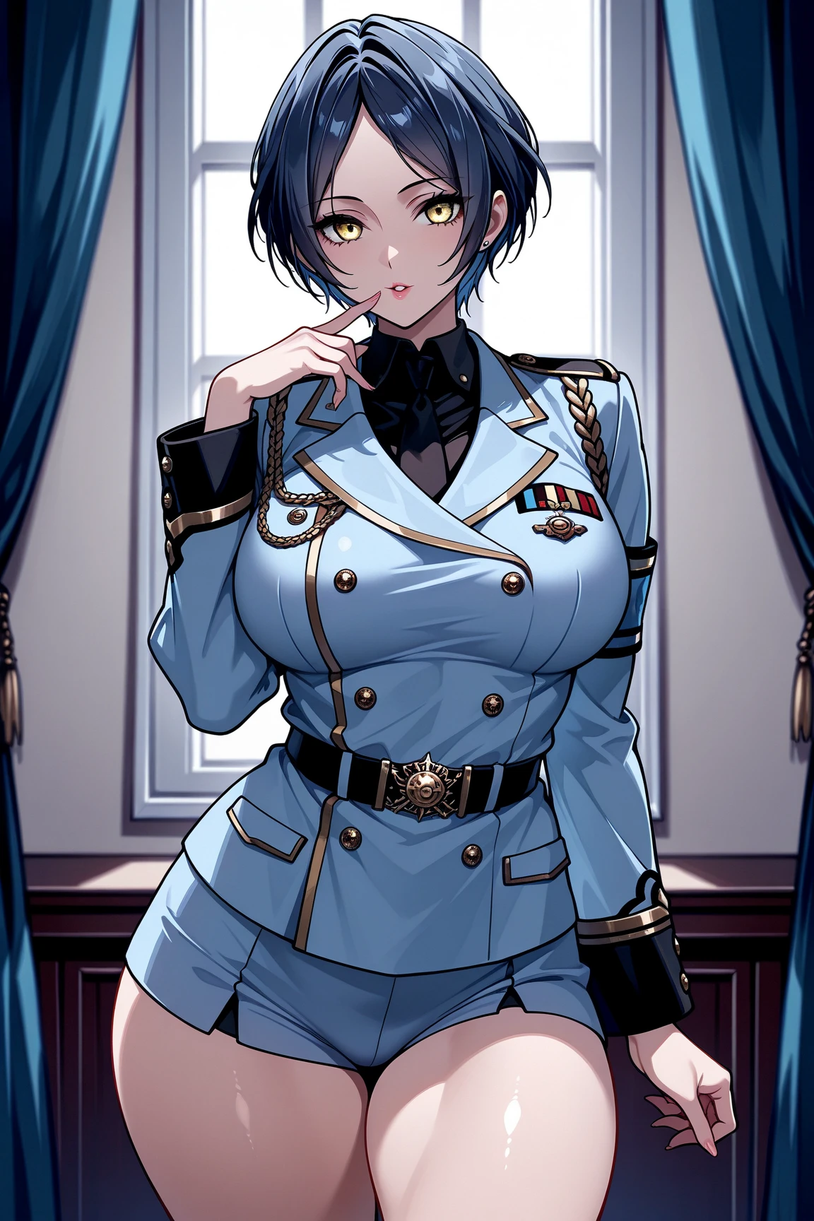Female Boss,Years on,Black Hair,Droopy eyes,Gentle face,Large Breasts,Cleavage,Jacket, White shirt, belt, uniform, Blue Skirt, army, formal, blue Jacket,Pencil Skirt,Fishnet tights,Purple intricate lace and lingerie