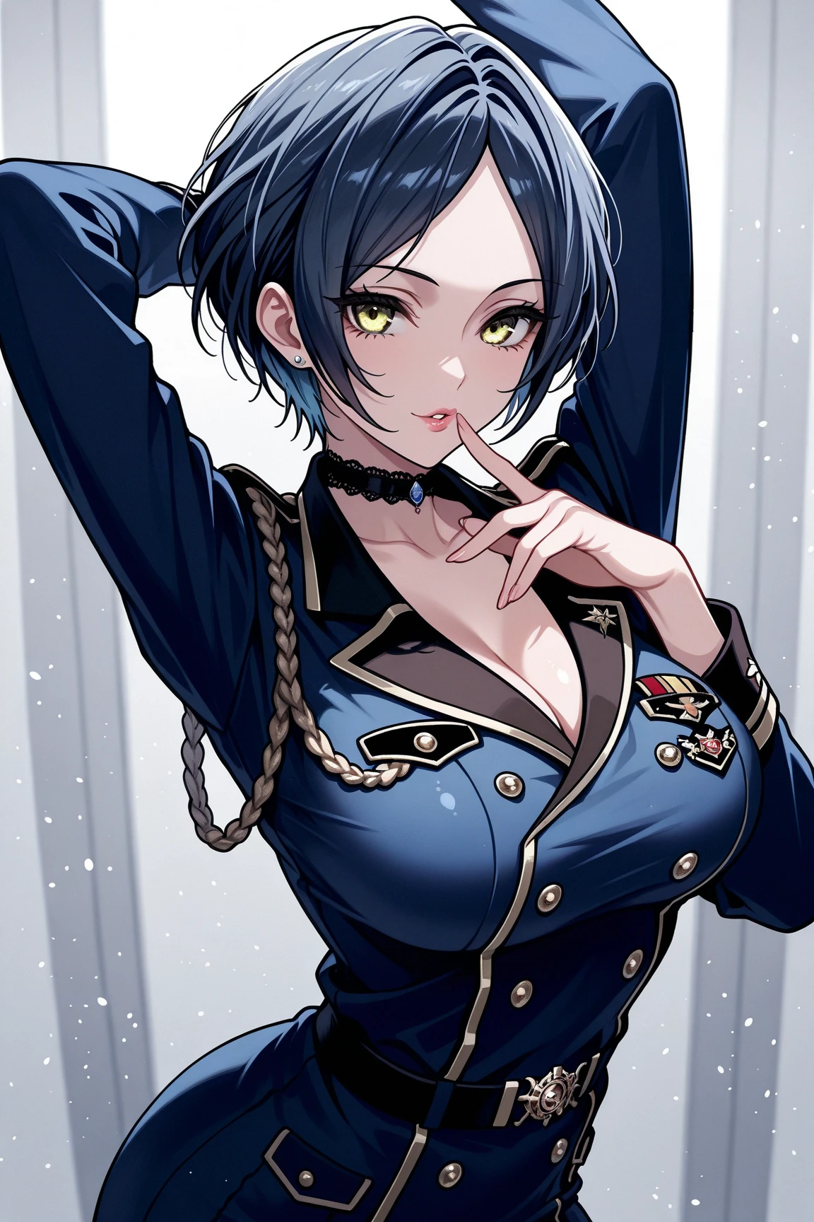 Female Boss,Years on,Black Hair,Droopy eyes,Gentle face,Large Breasts,Cleavage,Jacket, White shirt, belt, uniform, Blue Skirt, army, formal, blue Jacket,Pencil Skirt,Fishnet tights,Purple intricate lace and lingerie