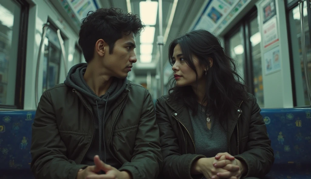 A man holding a woman in rain and is giving a stare to the camera 