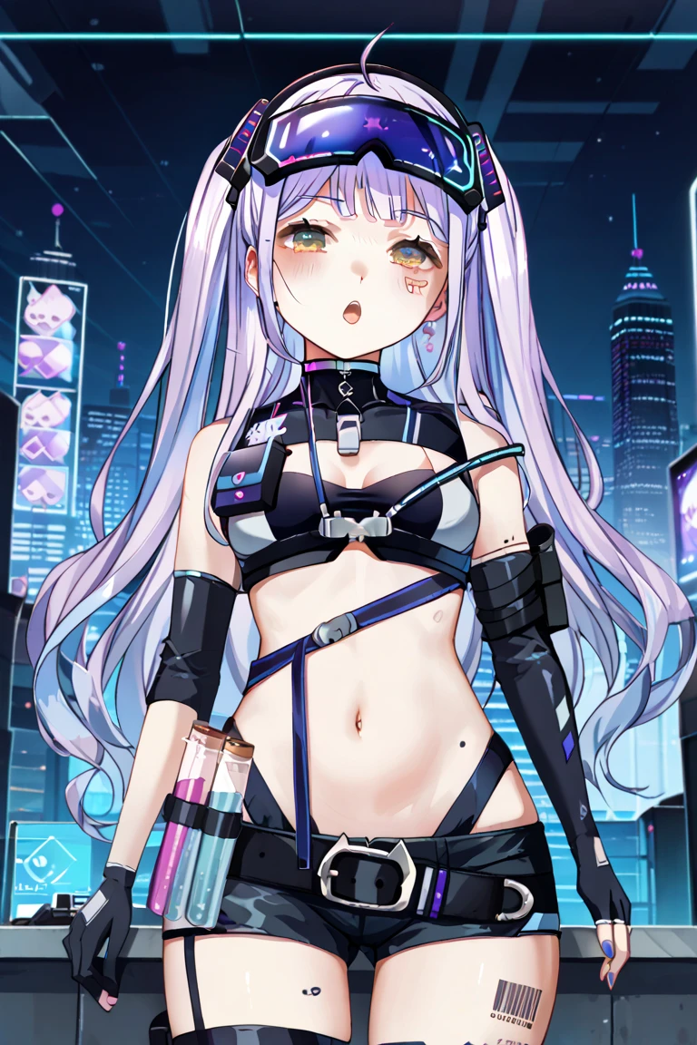 最high quality、Best image quality、masterpiece、girl((18-year-old、 By becoming、Best Bust、Medium Bust,Wide open breast tea、Red glowing eyes,Silver Hair、Disheveled Hair、Long Hair、thin,The highest valley、Open chest、Luminous Wristbands、hat、hair ornaments、luminous necklace、Black sleeveless hoodie(1:2)、Blue short skirt、Angle from directly above、Disheveled clothing、Show the whole body,Low - Angle、Hacker-like、sweating、lure、Black cute mask、Leaning against a wall、Black scarf)),high quality、Beautiful art、background((Neon Town、Neon Light、Neon interior at night))、Flight、Flying debris、Written boundary depth、movie、Visual Arts、Perfect art、8K,Genuine、