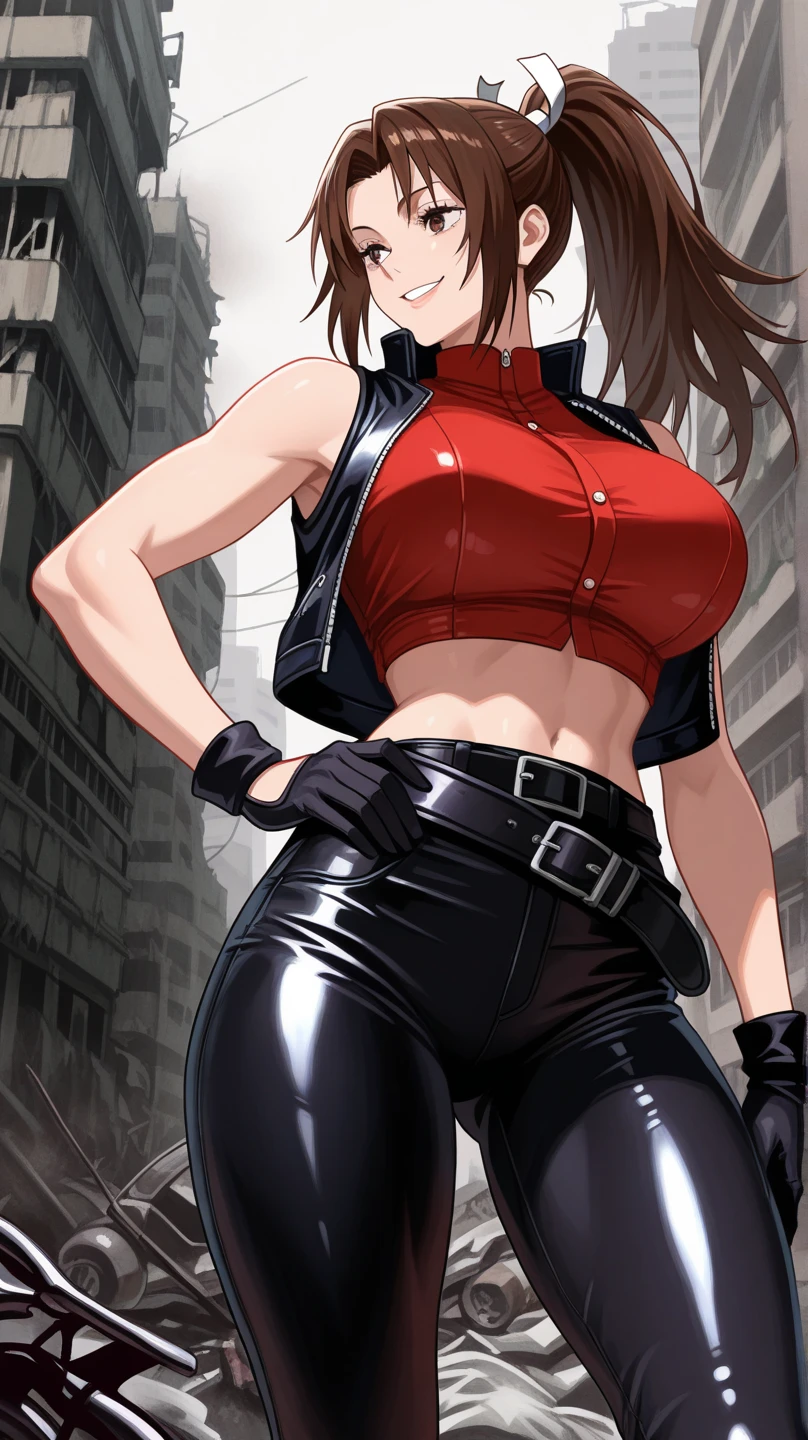 (masterpiece, highest quality:1.2), solo, 1girl, revy, 45-year-old, mature woman, covered in tattoo's, MILF, plus size milf, expressionless, looking at viewer, ponytail, (Wearing: red tank top, fingerless gloves, black leather pants), holding a cigarette, city street, standing, leaning up against a wall
