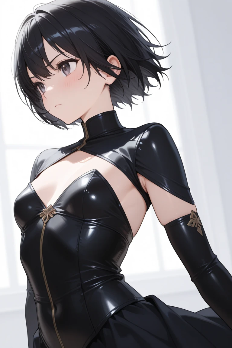 masterpiece, high quality, 8K, high resolution, ultra-detailed, anime, natural lighting, ultra detailed skin, ultra detailed face, cinematic style, cowboy shot, 1girl, 18 years old, (dark brown short hair), swept bangs, wavy hair, dark red cute eyes, ninja, (highly revealing clothing:1.3), dark aller at night, smirk, fang, trained body , small breasts, 150cm tall, finger pointing, one hand on hip, slouching,