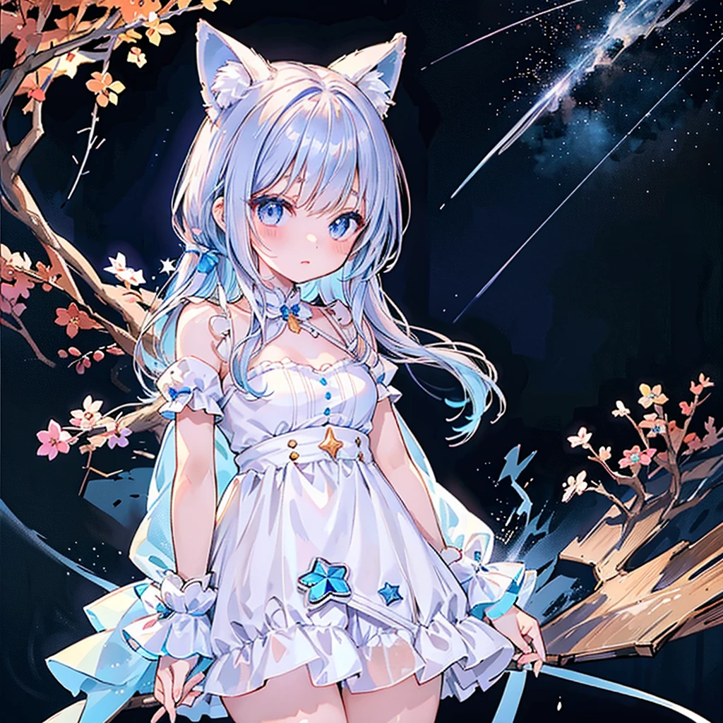 Kitsune human girl with long white hair and white fox ears wearing white kimono with a blue belt with a short skirt and shirt socks with a blue ties blue eyes and from below a thin yellow colour holding string bells with a lot of blue sparkles around her and she has nine white tails as she's smiling with her mouth open revealing her fox fangs