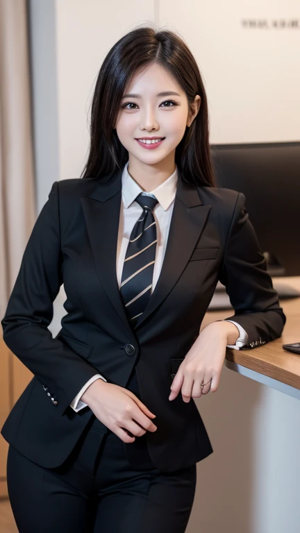 table top, highest quality, figure, Super detailed, finely, High resolution, 8k wallpaper, 完璧なダイナミックな構figure, detailed and beautiful eyes, business suit,hot cut hair,natural color lip, sit on a chair and cross your legs,smile、25 year old girl,red eyeshadow,Wearing black tights and stockings,