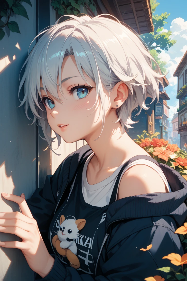1 girl, (loli:1.5), wearing white sleeveless sweater and wearing black blue reversibel jacket, no pants, white short hair, cat ears, (bangs covering right eye:1.5), blue eyes, in the park, park background, cute pose, anime cat pose, (detailed), ((best quality))