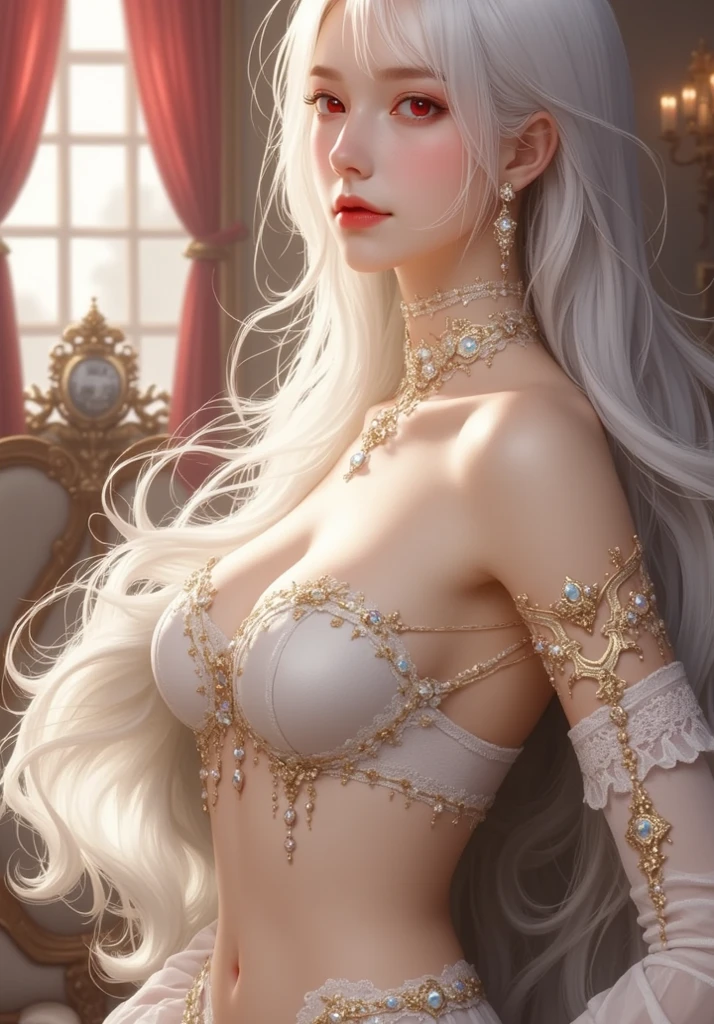 (high quality, ArtStation, Relax Art, fantasy style:1.2), (A beautiful cute girl), (long messy white hair:1.1), (intricate ornate black bra, stockings ), (intricate gold ornaments: 1.2)