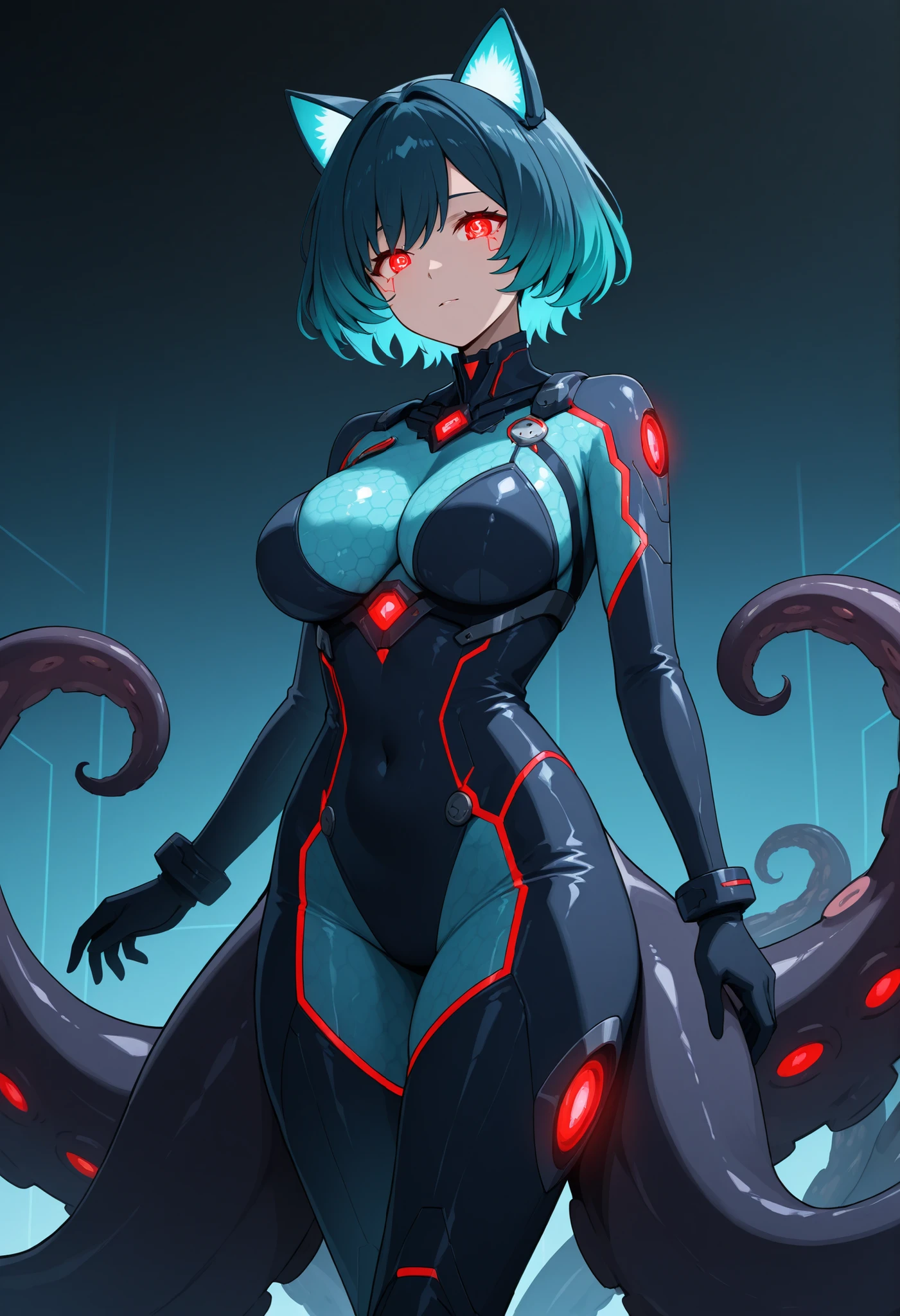 Scylla style girl. Sci-fi style bodysuit. Navy blue and black costume. Honeycomb pattern bodysuit. Black tentacles. Red glowing lines. Aqua colored hair. Short hair. Mechanical cat ears. Pert breasts.