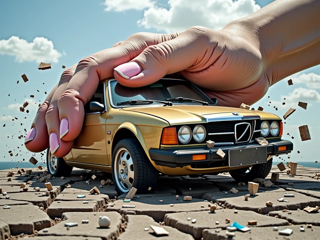 A colossal woman's hand dominates the view. Her fingers, thicker than ...