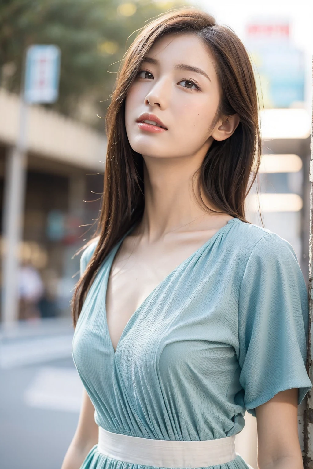((best quality, 8k, masterpiece :1.3)),(Practical, lifelike:1.4), original photo, high resolution,sit on the floor， Beautiful woman，Have a perfect body :1.4, ((Large Breasts:1.8)),long hair，Light blue dress，In the woods，Full body photography，Smile，eyes looking at camera，character-centered，Long-distance shooting，