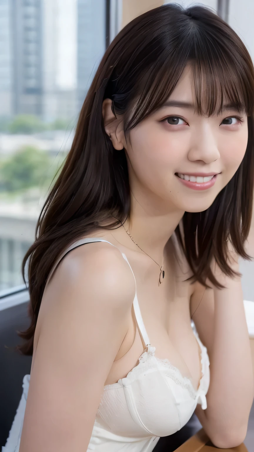 a woman,1 girl,black hair, hair bobbles, longeyelashes, solid circle eyes, light smile, mole under eye, piercing, light smile, shy, puckered lips, Surrealism, drop shadow, stereogram, ass pov, atmospheric perspective, depth of field, first-person view, f/1.8, 8K, super detail, ccurate, best quality, highres, best quality,full body,professional lighting,Cleavage