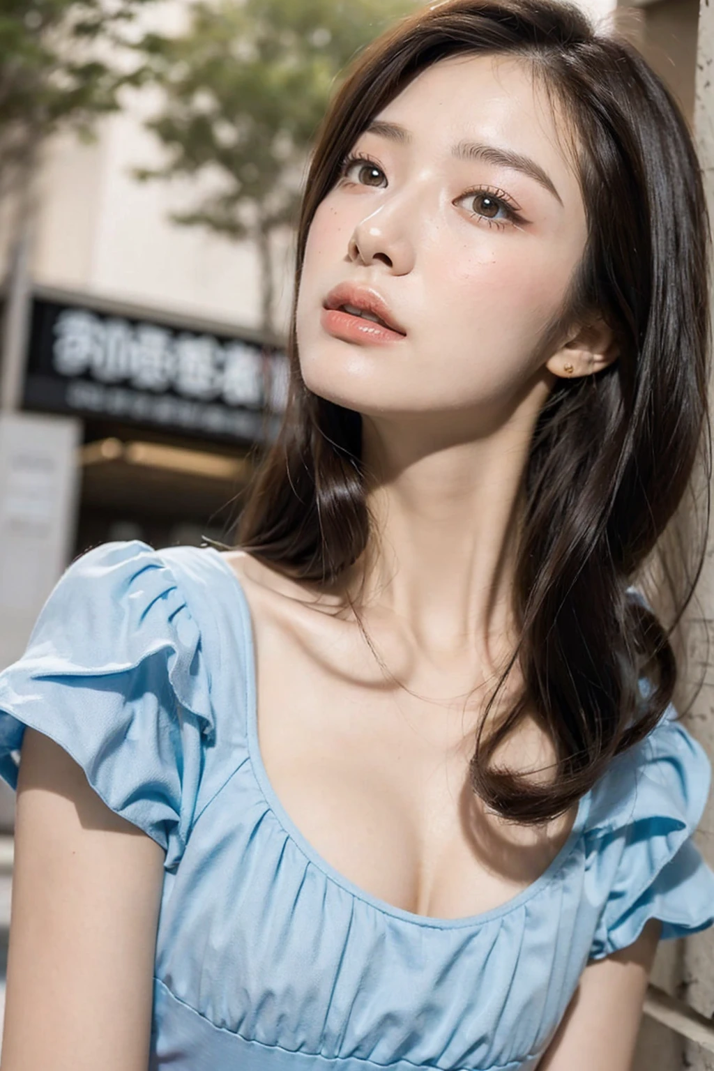masterpiece, best quality, ultra realistic photograph, 16K, (HDR), high resolution, female_solo, ((quite a bit body, )), nice_cleavage, beautiful hourglass body, nice slender legs, looking at viewer, big eyes, ((the luxurious prettiest Japanese idol model in the world, Anne Hathaway blended face, 24yo)), (laughing small eyed, random lower dresses), random stunning camera angle view, random perfectly camera lens, pastel blue simple background,