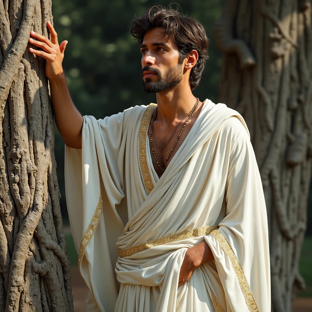 A male Stoic philosopher, around 2, with a well-proportioned and attractive physique, slightly tanned skin, and a short, well-trimmed beard, is depicted in a tranquil garden. He wears classic tunics in soft earthy tones—gray and olive green—with subtle gold or copper details, gently draping over his body, with one shoulder exposed. His expression is warm and seductive, as he extends an open hand in a gesture of forgiveness towards another figure. The scene is bathed in soft, golden light, highlighting his gentle and wise demeanor. The background is serene, with lush greenery, reflecting the value of forgiveness when given wisely. The impressionist style captures the serene atmosphere and the subtle contrasts between light and shadow.