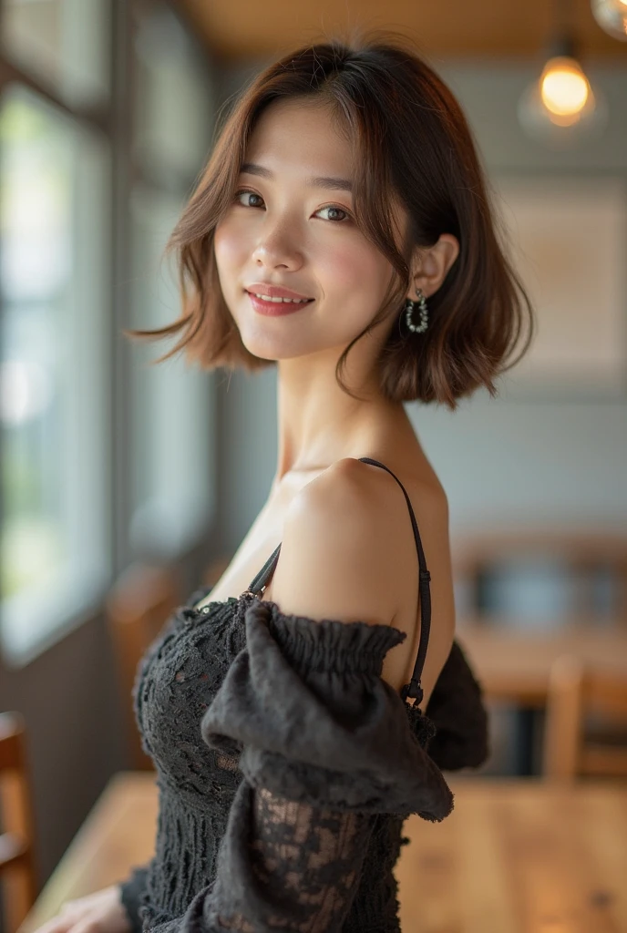 (8k, RAW photo, best quality, masterpiece:1.2), (realistic, photo-realistic:1.37), ultra-detailed, 1 girl,cute, solo,beautiful detailed sky,detailed cafe,night,sitting,dating,(nose blush),(smile:1.1),(closed mouth),large breasts, seductive smile, large aparture, professional lighting, Sony A7R4, Zessie 50mm F1.8,,fold your arms behind head:1.5,mole under eye:1.2,(masterpiece),(Photorealsitic:1.3),ultra-detailliert,(high detal)The skin:1.2),(top-quality:1.0),(A high resolution:1.0), medium breasts,beautiful detailed eyes,(white sexy dress:1.1), bowtie,pleated skirt,(short hair:1.2),floating hair