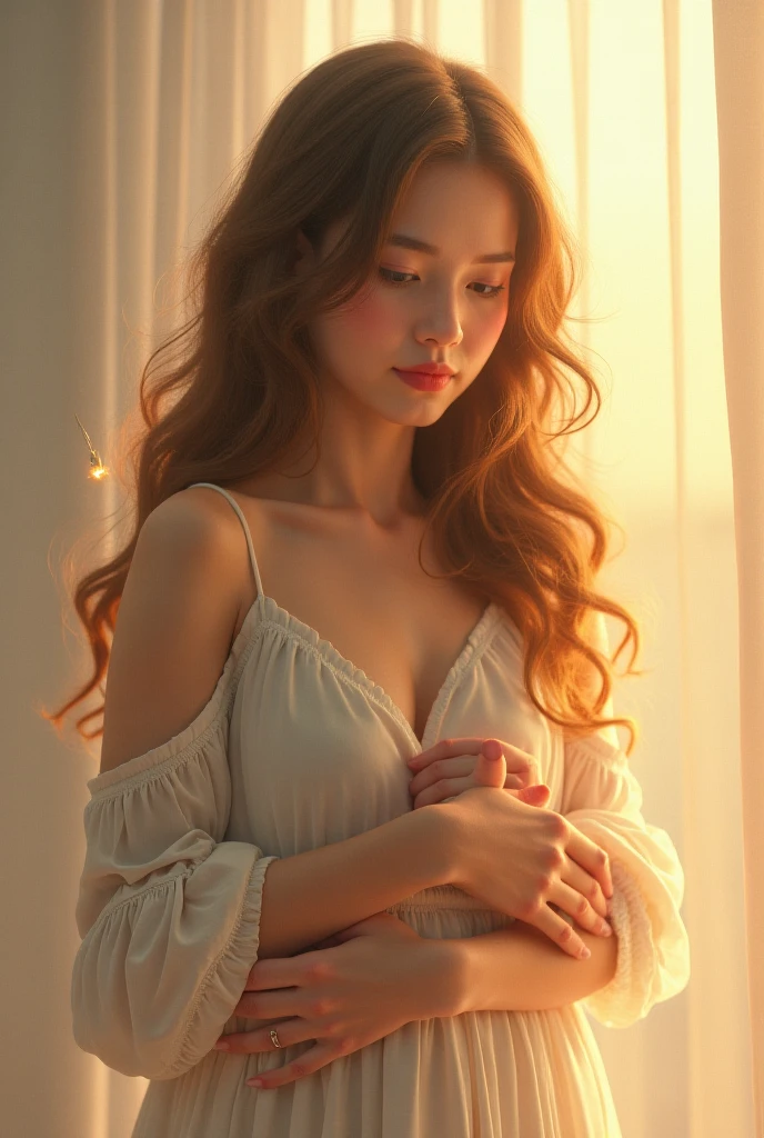 Girl touches her belly with her hand 