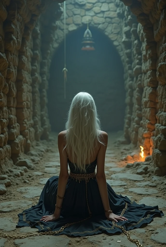 a woman with her back engulfed in flames, her hair is white as snow and is braided the scene is dark and gloomy, must show her full body, This all happens inside a ceremony room in a dark and gloomy temple.