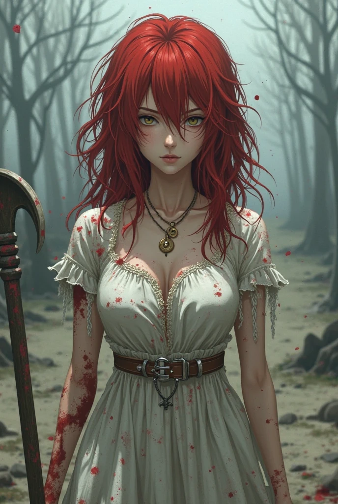 Damsel in distress. Human woman (young 18. red miniskirt (damaged and torn), red fishnet top) is fleeing through the woods crying and scared, werewolf chasing her, forest