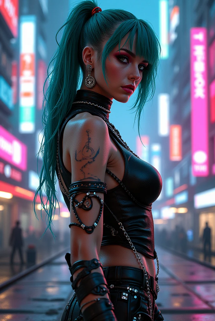 ((masterpiece))((highest quality))((27 year old girl,shoulder length highlight hair ))head to knee portrait ((she's seductively standing alluringly sexual revealing herself through opening her outfit. Partially exposed breast naked. )). ((Background is a Highly detailed cyberpunk club with multicolor LED lights. Graffiti .Luminous.))4k. Highly intricate details. Cinematic. Highly Reflective wet sidewalk.
