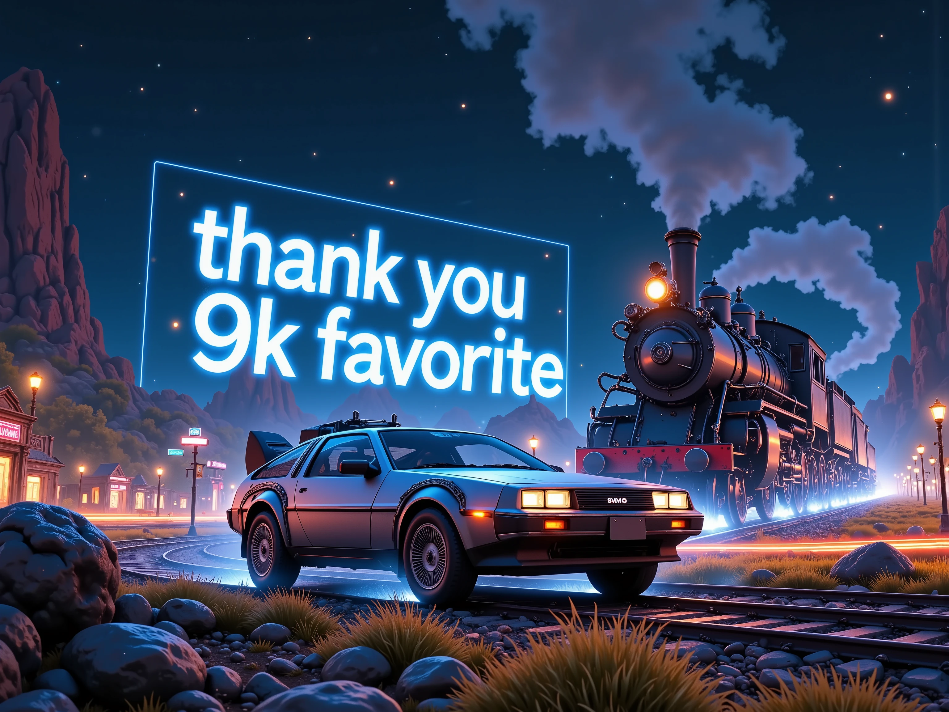 
(((article, "Thank you for 9K favorite ", Add text"Thank you 9K favorite", title logo font))) ,(Back to the Future,デロリアンが高速走行,時計塔