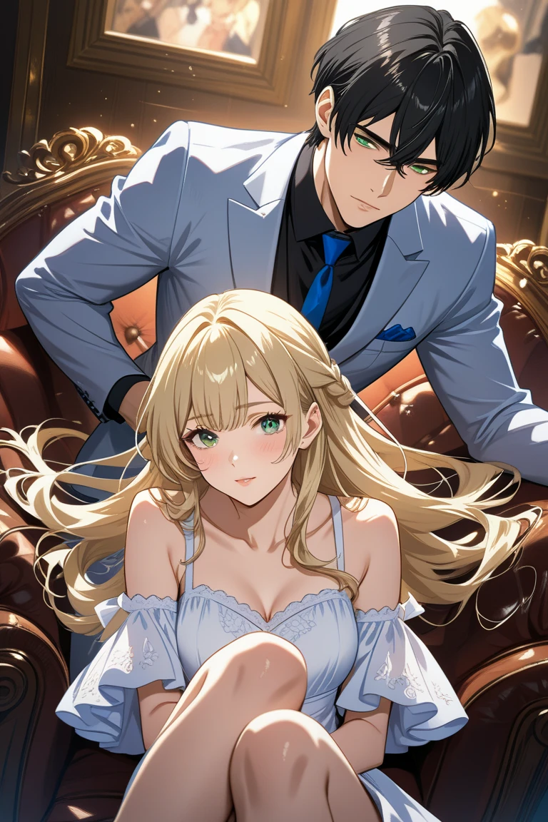 ((Highest quality)), ((masterpiece)), (detailed), (Perfect Face)、The woman is an Extia with medium-long brown hair, wearing a gorgeous black wedding dress with gold embroidery and trim, a black wedding veil, and an engagement ring.、The man is the evil leader, Naioro, a handsome man with medium-long blonde hair.、On a luxurious bed, the brunette woman, Extia, is lying naked on top of the handsome man, Naioro, with his long blonde hair, and they are happily having sex and making love deeply.、A man and a woman are a deeply loving couple