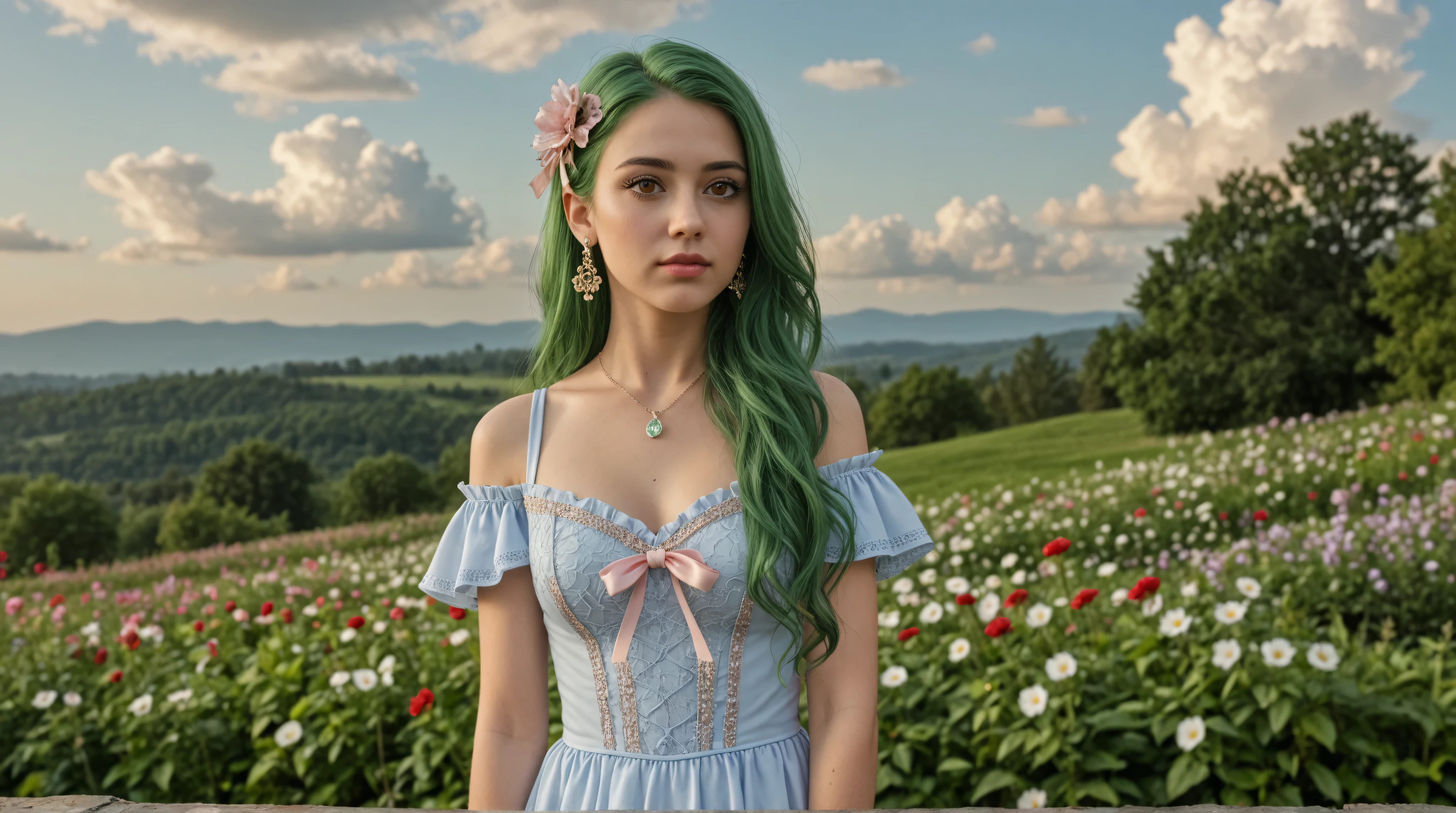  Ultra Realistic Art  (Stable_Yogi_pdf file_positive,Stable-Yogi-Makeup-Enhancer-XL, score_9, score_8, score_7)
One Elf Girl, green hair, solo, chest,  jewelry by T, brown eyes, look at the person watching,  earrings, long hair,  flower, cloud,  dress, hair ribbon, ribbon, small chest, full body view, lips