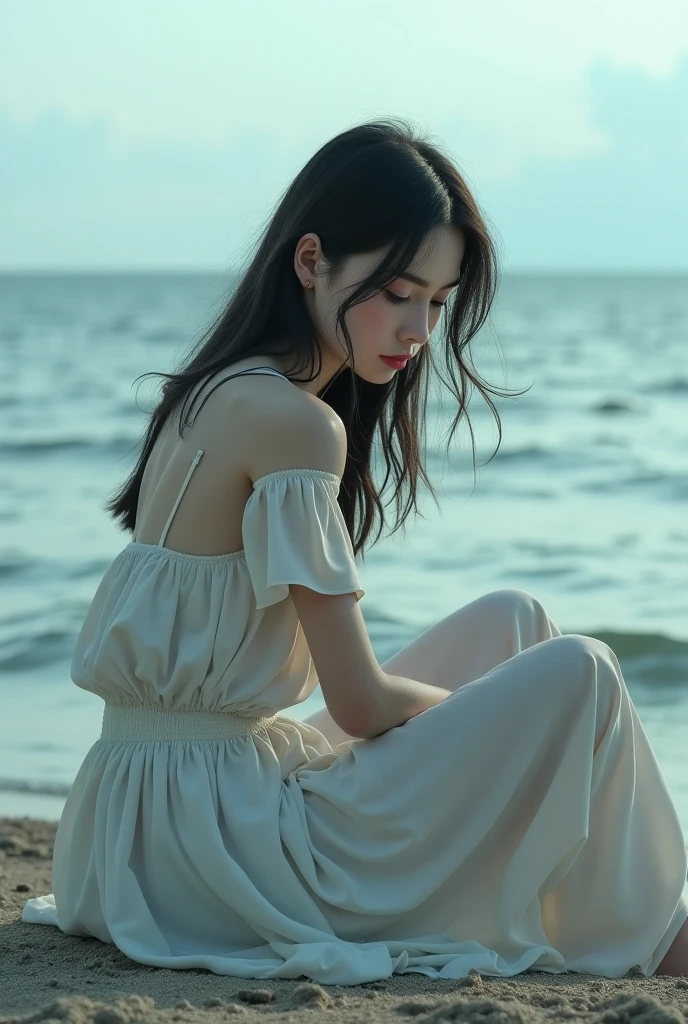 (Front focus),(tmasterpiece,top Quority,optimum,offcial art,Beauty and aesthetics:1.2),1 girl lying on beach chair looking up at the night sky,sad,Sitting by the sea,sandbeach,the night,staredown,evening light,the setting sun,Lost in his mind looking at the sky,Wear a long skirt,Long white dress,(half-body photo:1.5),dynamicposes,RAW photogr,Big breasts,Plump and sexy,contemporary aesthetics,hard light,backlight,RAW photogr,tack sharp focus,Photoreality,cinmatic lighting,Volumetriclighting,