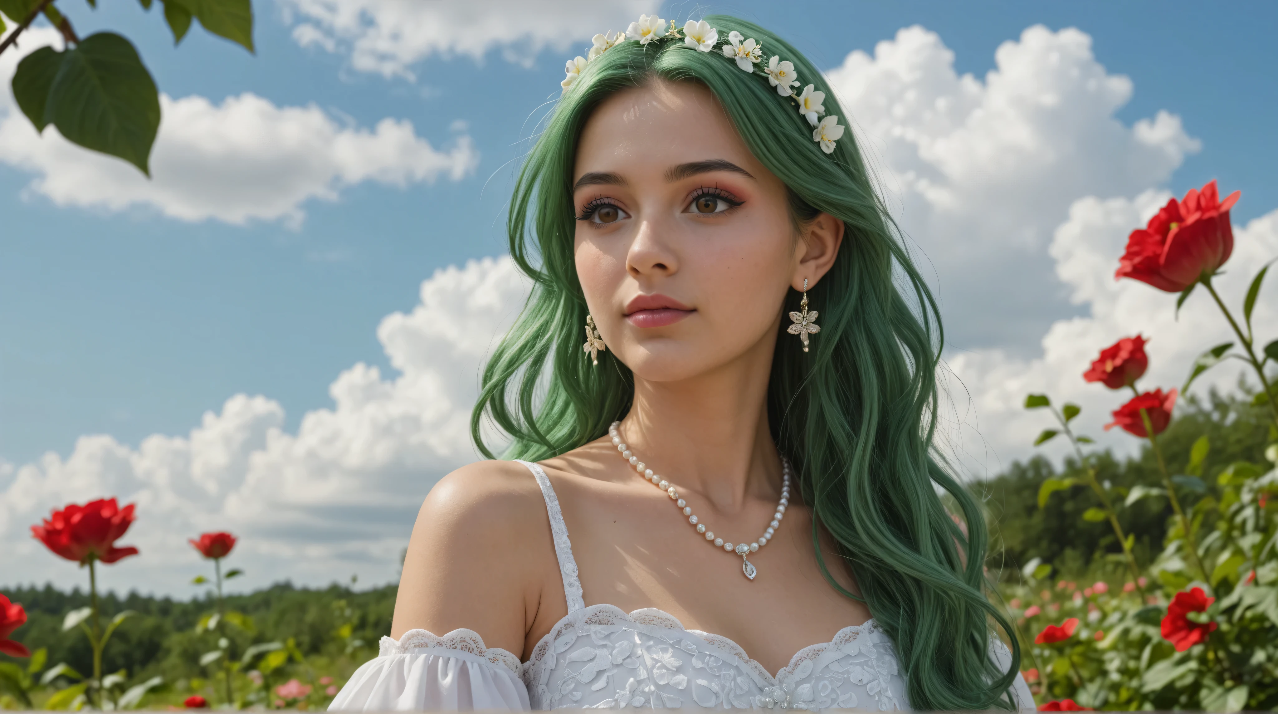 Ultra Realistic Art (Stable_Yogi_pdf file_positive,Stable-Yogi-Makeup-Enhancer-XL, score_9, score_8, score_7)
One Elf Girl, green hair, solo, chest, jewelry by T, brown eyes, look at the person watching, earrings, long hair, flower, cloud, dress, hair ribbon, ribbon, small chest, upper body, lips