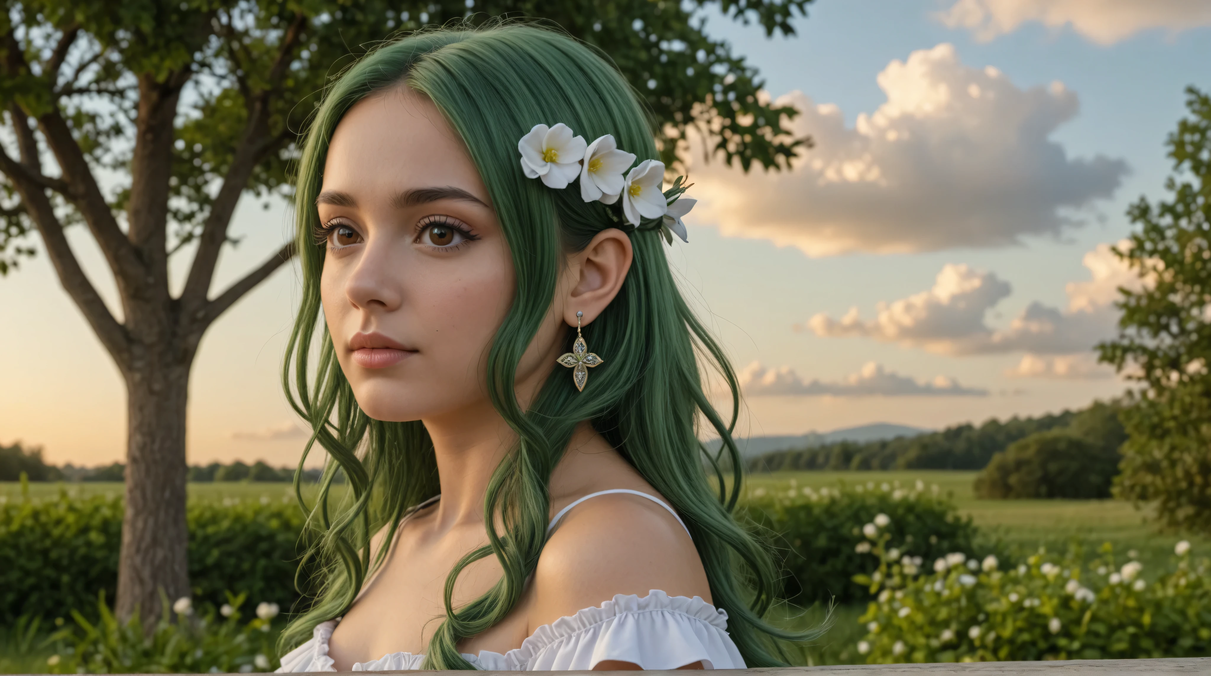 Ultra Realistic Art (Stable_Yogi_pdf file_positive,Stable-Yogi-Makeup-Enhancer-XL, score_9, score_8, score_7)
One Elf Girl, green hair, solo, chest, jewelry by T, brown eyes, look at the person watching, earrings, long hair, flower, cloud, dress, hair ribbon, ribbon, small chest, upper body, lips