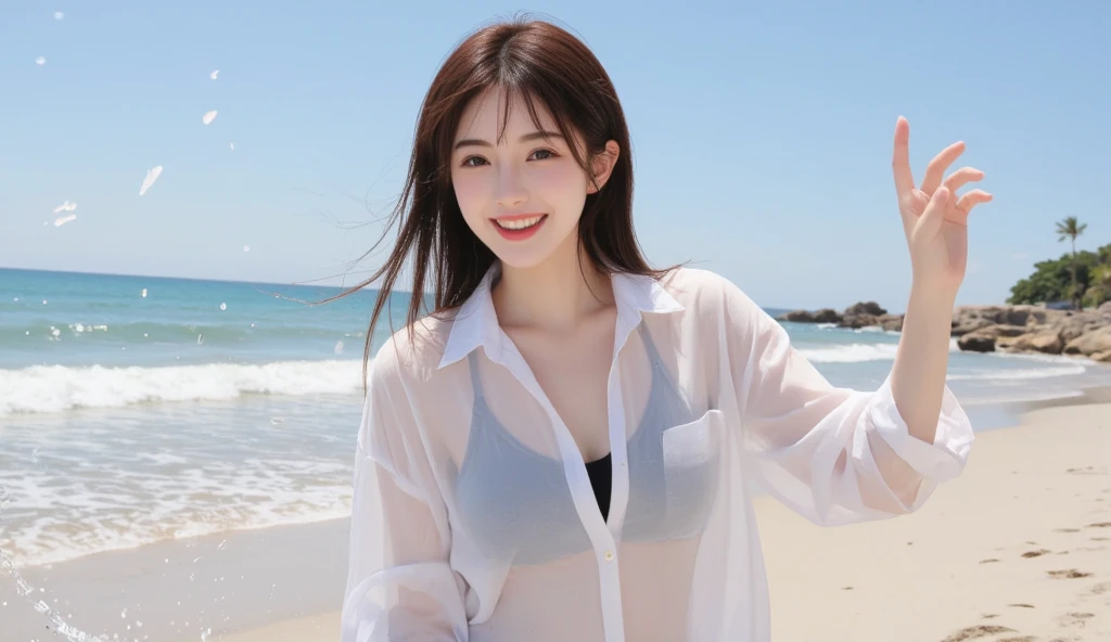 (Highest quality、masterpiece、8K、Best image quality、Hyperrealism、Award-winning works)、One high school girl、(The most natural and perfect white polyester collared shirt:1.2)、(Naked and wearing only a polyester collared shirt:1.3)、(Naked lower body:1.3)、(barefoot:1.2)、Full body photo、(Standing Elegantly:1.1)、(beautiful thick legs:1.1)、(Big Breasts:1.1)、(Cleavage:1.2)、Attractive body、White shiny shirt、(波打ち際にStanding Elegantly:1.1)、The best smile he had when he saw me、Strongly blurred background、Detailed depiction of the ocean、(Beautiful Hiroshi々Standing on a secluded beach:1.1)、Beautiful sunny sky、Vivid and beautiful sky、Beautiful cumulonimbus clo(most clear, The most beautiful and vibrant sea:1.1)、The most realistic and complex backgrounds、Crystal clear sea、Very bright、Upper body photo、(Accurate anatomy:1.1)、Accentuate your body lines、Perfect Makeup、Long eyelashes、Bright lipstick、Glossy Lips、Ultra HD glossy skin、(Ultra-high resolution, bright and beautiful skin:1.1)、超高精細のGlossy Lips、Ultra-high resolutionの美しい歯、(Very bright and vivid:1.1)、(Bright and glowing skin:1.1)、(Bright and shiny shirt:1.1)、Beautiful horizon