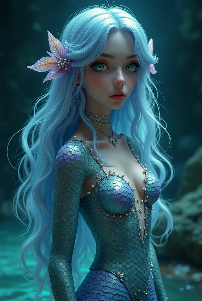 Blue hair, yellow eyes, mermaid, big breasts, long hair, bangs
