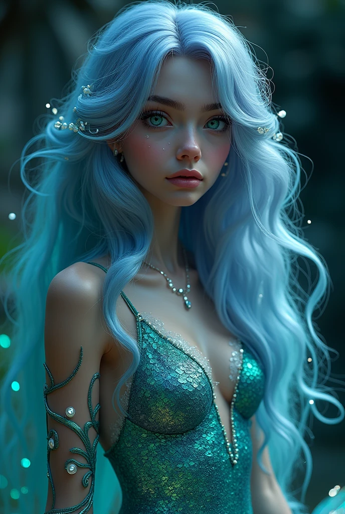 Medieval European style, tiara, Sky blue hair, long hair, wave, sparkling yellow eyes, mermaid tail design, whole body