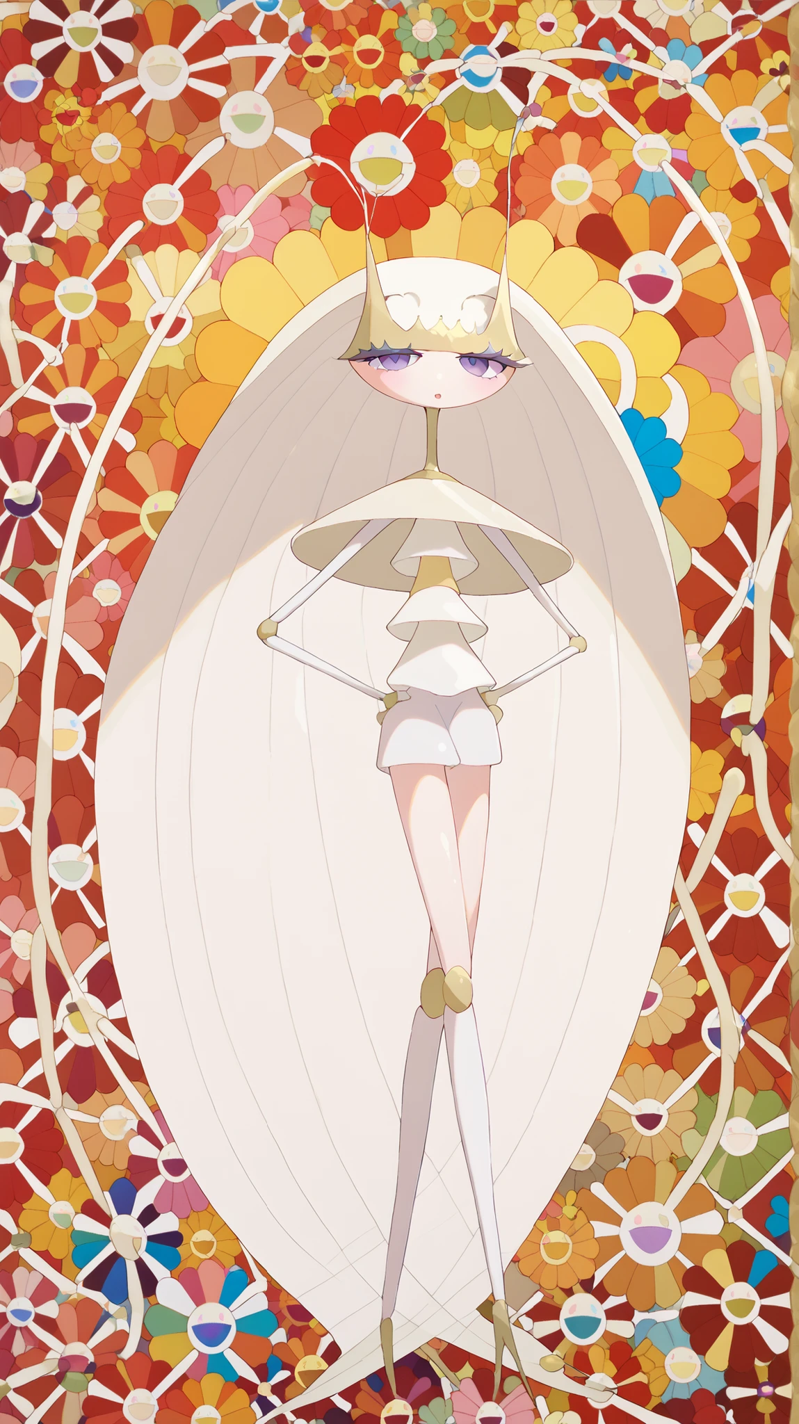 in style of Takashi Murakami ,((Flower-patterned pheromosa:1.6)),(harmony of flower), intricate digital painting, (mechanical flower), highly intricate and colorful, dark but detailed digital art, Highly detailed symmetry, detailed digital artwork, Symmetrical intricate details, plethora of colors,colorful intricate masterpiece,(Geometric pattern background:1.5),frontage、Sticker style,
