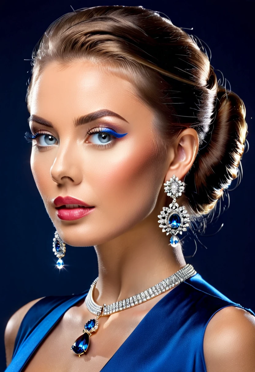 close-up of a woman in a blue long-sleeved dress and expensive earrings, face looking at camera, The portrait is stunning, beautiful portrait image, gorgeous elegant attractive, high-quality portrait,  color scheme wears ornate earrings ,  glamorous portrait , elegant portrait, Lighting: soft,  emphasizing the operator's noble facial features . atmosphere: Confident, the virtue of ,  intellectual depth . Main light: large softbox at 45° angle Заполняющий свет: silver reflector for gentle catch lights in eyes Фоновый свет: gradient lighting with subtle rim light Акцентный свет: hair light for dimensional effect on hairstyle потрясающе красивая, gorgeous woman, stunning elegant pose, amazing portrait, elegant fashion model, stunning elegant,  Handsome and elegant , photo of a beautiful woman, long earrings, Masterpiece, high quality,  Very beautiful portrait 