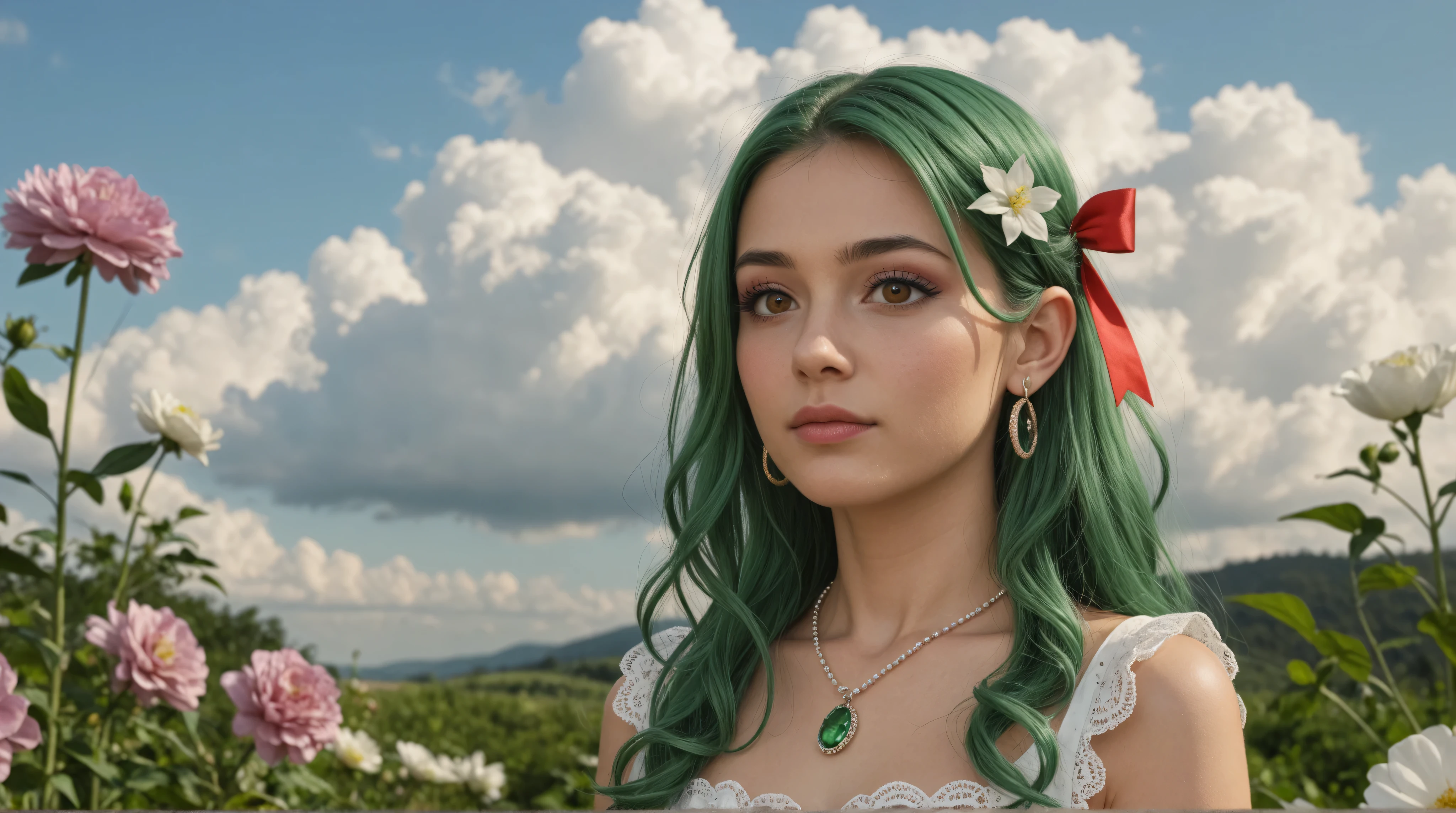 Ultra Realistic Art (Stable_Yogi_pdf file_positive,Stable-Yogi-Makeup-Enhancer-XL, score_9, score_8, score_7)
1 elf girl, green hair, solo, chest, jewelry by T, brown eyes, look at the person watching, earrings, long hair, flower, cloud, dress, hair ribbon, ribbon, small chest, upper body, lips