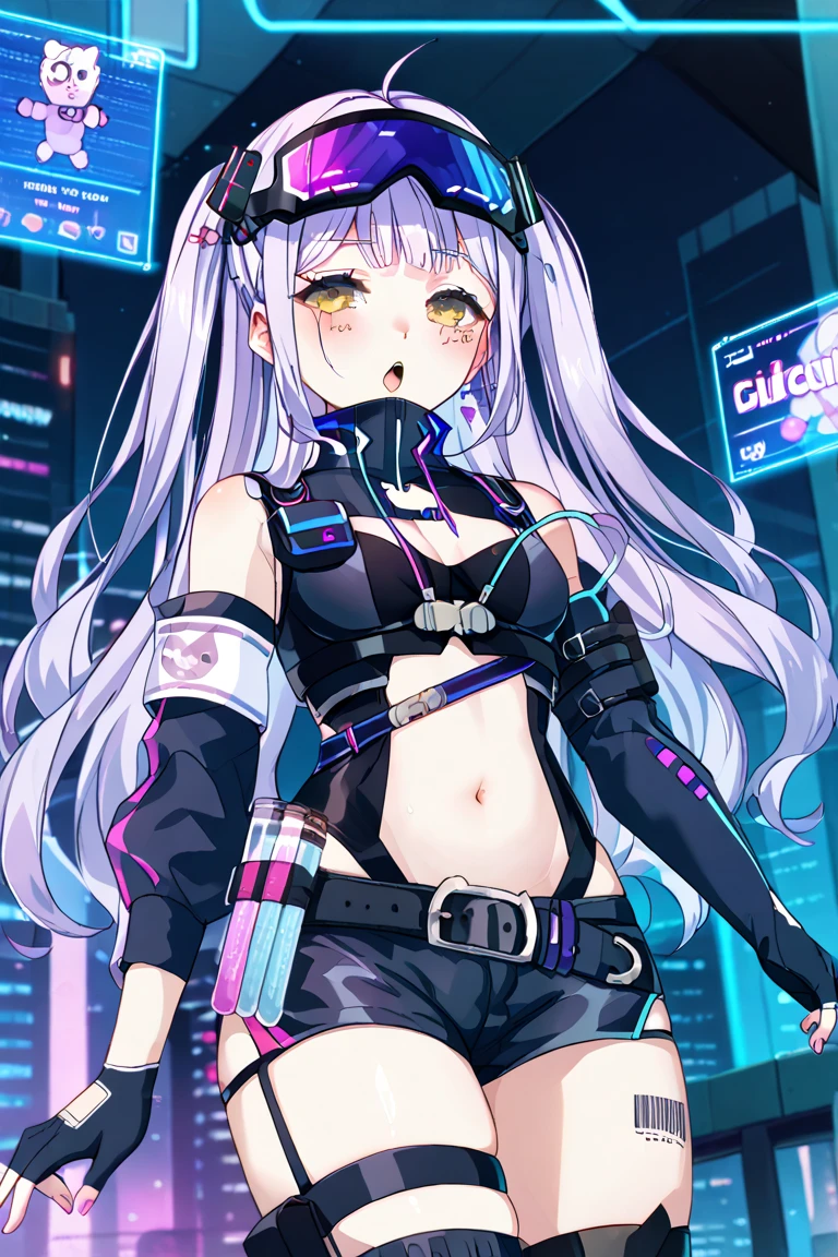 tattoo、head phone、🎧、A dark-haired、Black hair、🏴☠️、skull、☠️、Green hair color、❤️、Pink hair、blue hairs、Colorful Hair Color、goth_punk, 1girl in, 独奏, medium shot, Walking in Harajuku, ((during night)), bokeh dof, Neon light, Iridescent eyes, starrysky, White shiny hair, White eyebrows, Radiant hair, (iridescent white hair), 耳Nipple Ring, bangss, jewely, masks, bluntbangs, verd s eyes, Mouth mask, blurry backround, bblurry, hair adornments, Look at viewers, shorth hair, portraitures, side locks, (Medium Breast: 1.6)