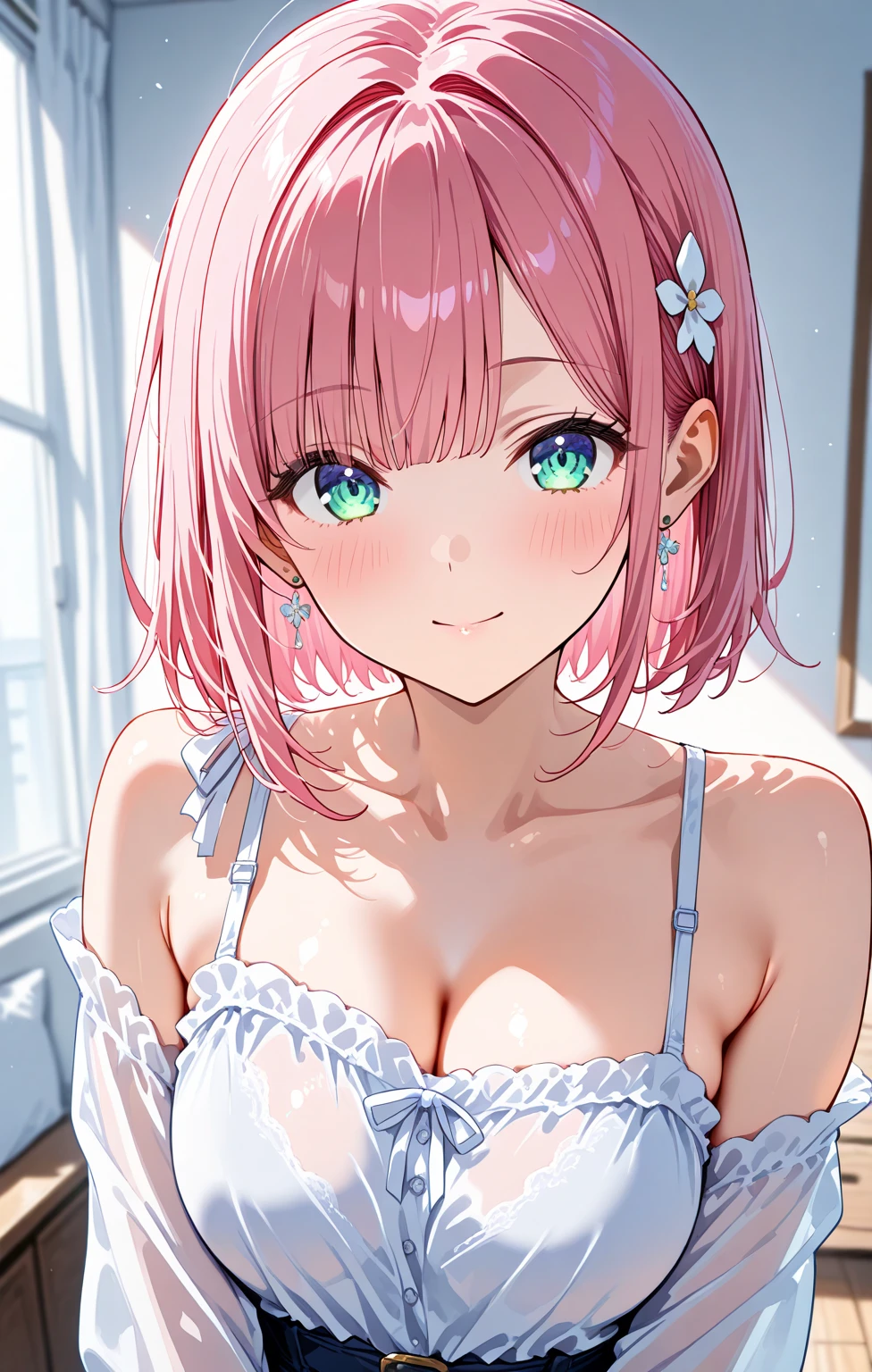A hot anime waifu waring kitten ears beautiful and naked pink hair blue eyes masturbating with a clean pussy and big boobs
