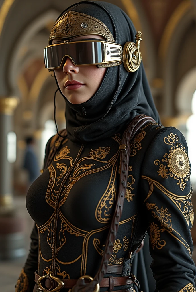 Arab masked female officer(The upper part of the body:1.2 1girl,tmasterpiece,best qualityer,ultra - detailed,illustratio,Fine eyes and detailed face),Wide buttock,gigantic cleavage breasts,Cleavage is seductive,maternal,looking at viewert,curvy build,Raised sexy,full bodyesbian,(a matural female,A MILF:1.1),独奏,(curves:1.1),big assa,thick thight,A MILF,(Special Forces black officer uniform),(Gold accents in clothing),Brown belt,With gold buckle, (Medal on the chest),(Military rank symbol on the arm),(Army cap with gold symbols),Arabic hijab,Arabic faces are masked,black beret,(Strike seductive poses on the balcony),warmly lit,masked,looking at viewert,(Take a photo),(Traditional Arab city background),photograph of-realistic