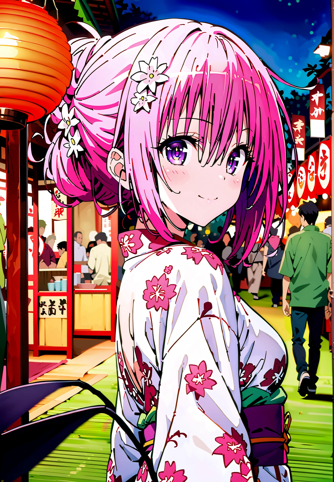 Momo Devil, Momo Deviluke, solo,Demon Tail,  hair flower, hair ornament, purple eyes, Picnic, smile,cover,close your mouth,side lock,single bun hair,Nape,Medium breast,Pink floral kimono,standing,Red Lantern,Japanese stalls ,Light up fireworks,night,crowd,full bodyがillustrationsに入るように,break outdoors, Japanese Festival,
break looking at viewer,full body,
break (masterpiece:1.2), Best Quality, high resolution, Unity 8k 壁紙, (illustrations:0.8), (beautiful detailed eyes:1.6), extremely detailed face,  so that it fits into the illustration, Extremely Detailed CG, (perfect hand, Perfect Anatomy),