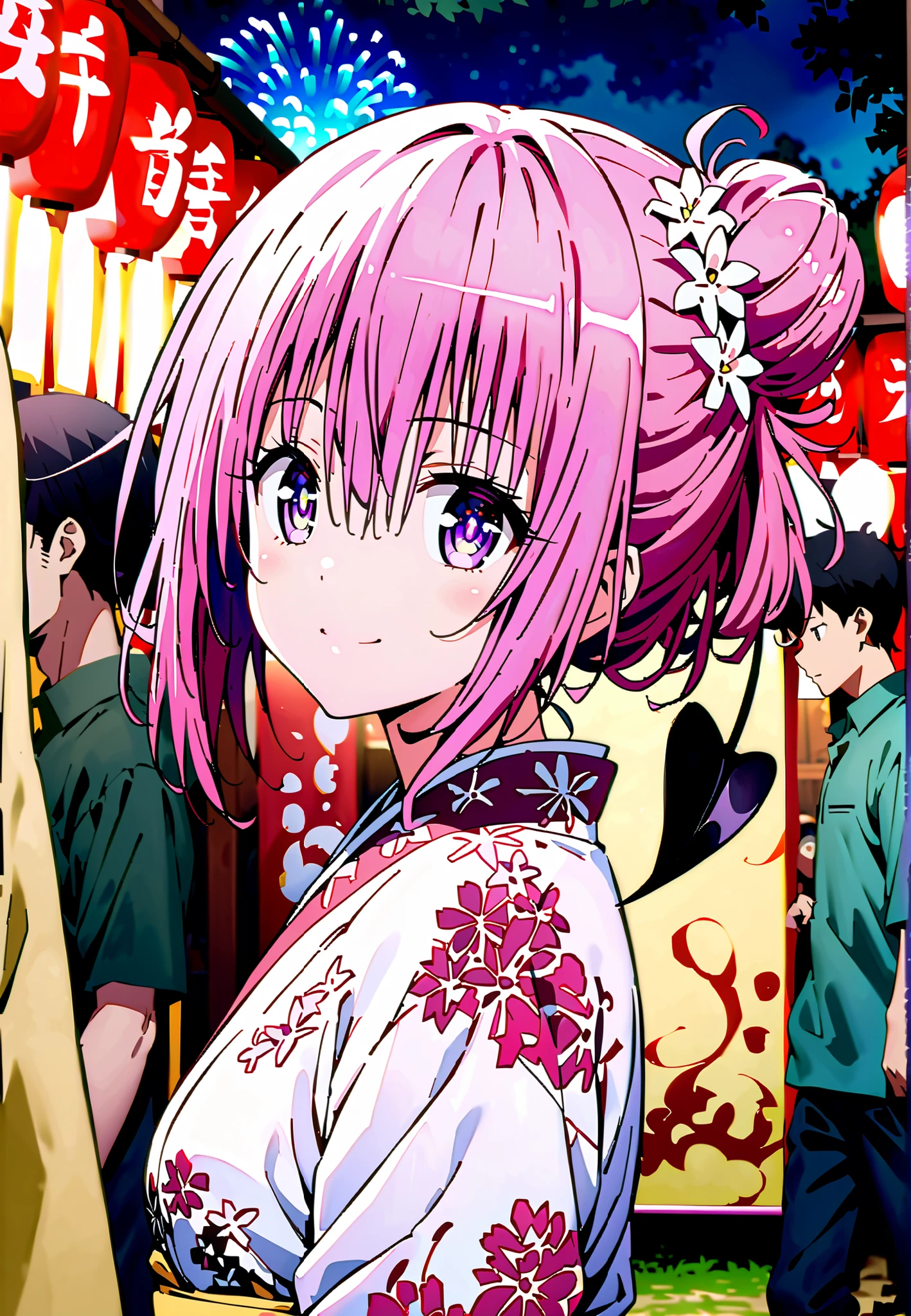 Momo Devil, Momo Deviluke, solo,Demon Tail, hair flower, hair ornament, purple eyes, Picnic, smile,cover,close your mouth,side lock,single bun hair,Nape,Medium breast,Pink floral kimono,standing,Red Lantern,Japanese stalls ,Light up fireworks,night,crowd,full bodyがillustrationsに入るように,break outdoors, Japanese Festival,
break looking at viewer,full body,
break (masterpiece:1.2), Best Quality, high resolution, Unity 8k 壁紙, (illustrations:0.8), (beautiful detailed eyes:1.6), extremely detailed face, so that it fits into the illustration, Extremely Detailed CG, (perfect hand, Perfect Anatomy),