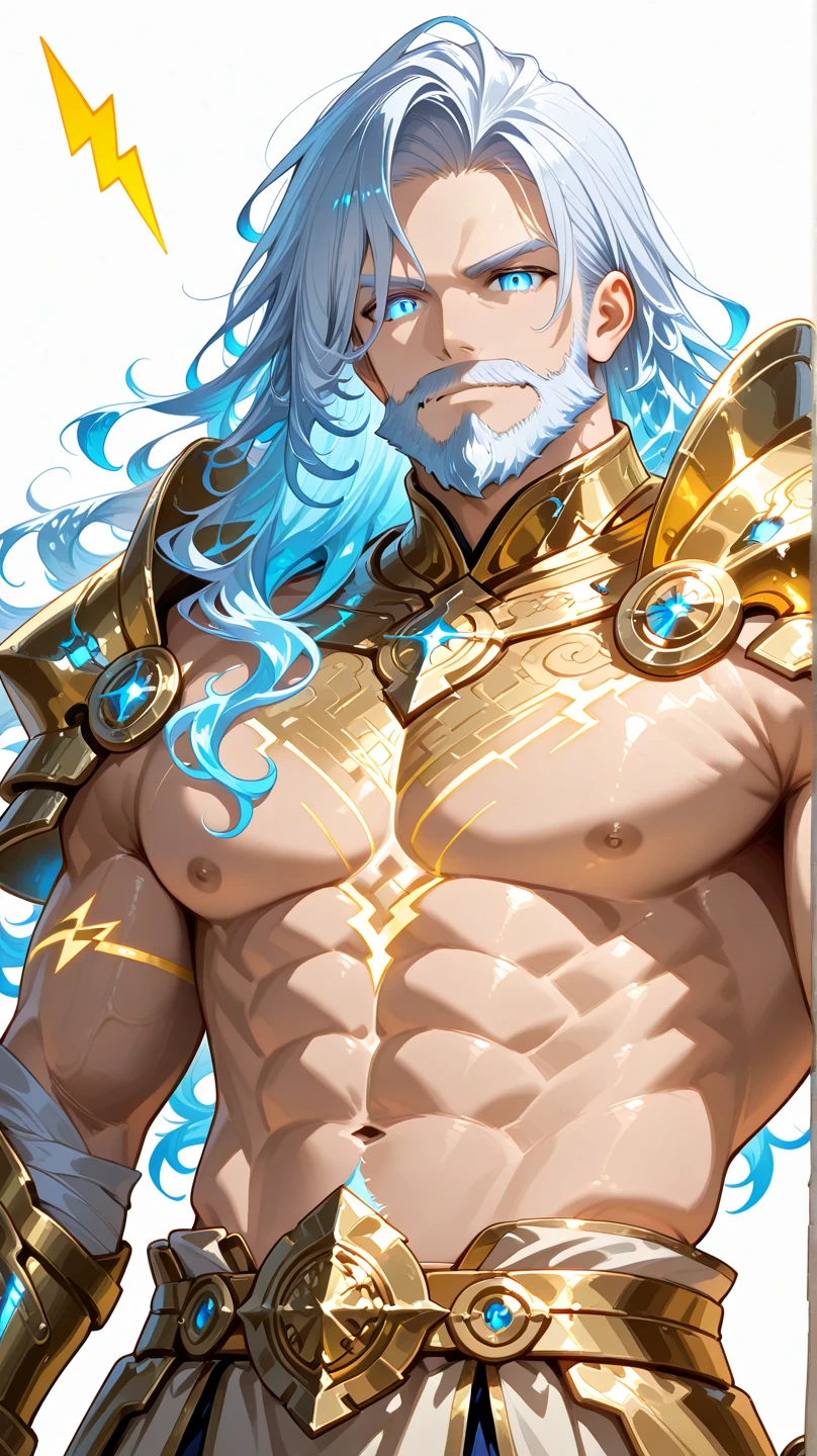 Poseidon, the Greek god of the ocean, stands majestically amidst the crashing waves. With his long flowing brown hair and piercing blue eyes, he radiates power and beauty. The warm rays of sunshine illuminate his divine presence. This scene is inspired by the vibrant 3D art style of Genshin Impact.